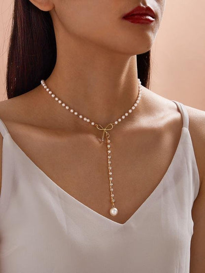 1pc Faux Pearl & Bow Decor Y Lariat Necklace - INS | Online Fashion Free Shipping Clothing, Dresses, Tops, Shoes
