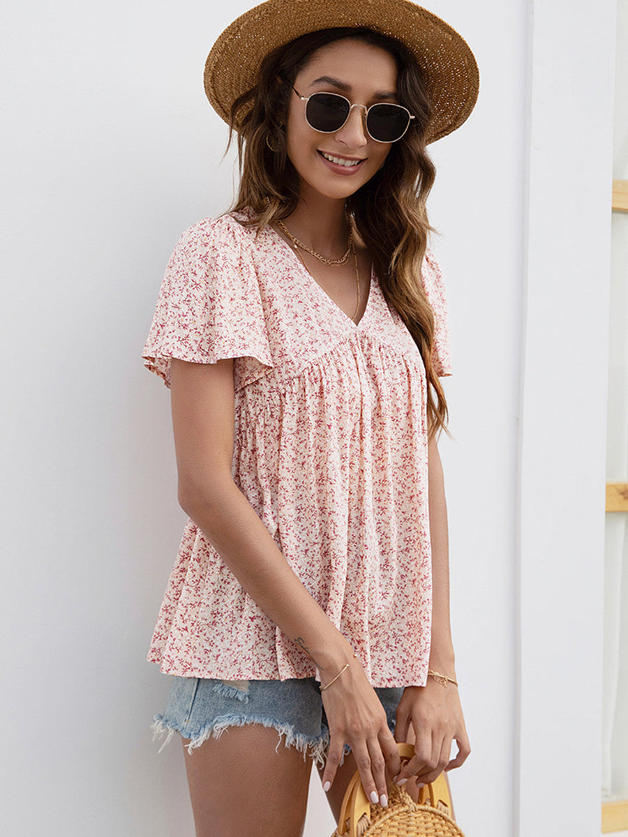 T-Shirts - V-Neck Floral Printed Pattern Short Sleeve Loose Casual T-Shirt - MsDressly