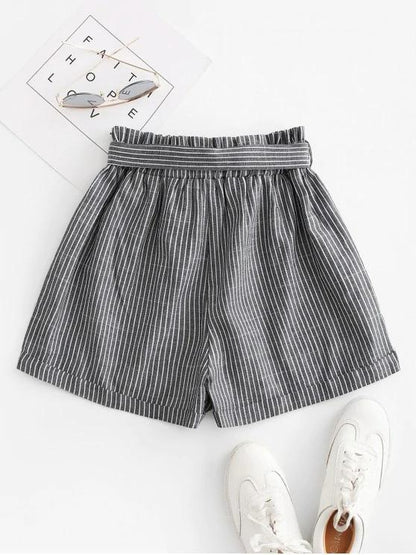 Vertical Striped Cuffed Paperbag Shorts