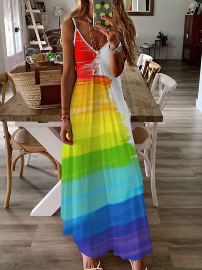 Multicolor Stripe/Gradient Print V-neck Sling Long Dress