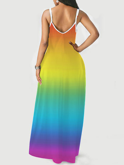 Multicolor Stripe/Gradient Print V-neck Sling Long Dress