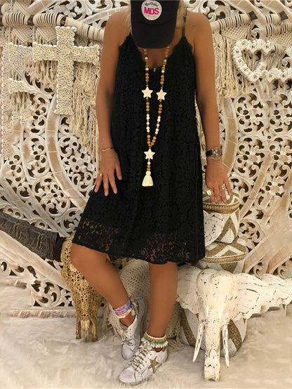 Loose Sleeveless V-neck Suspender Lace Dress