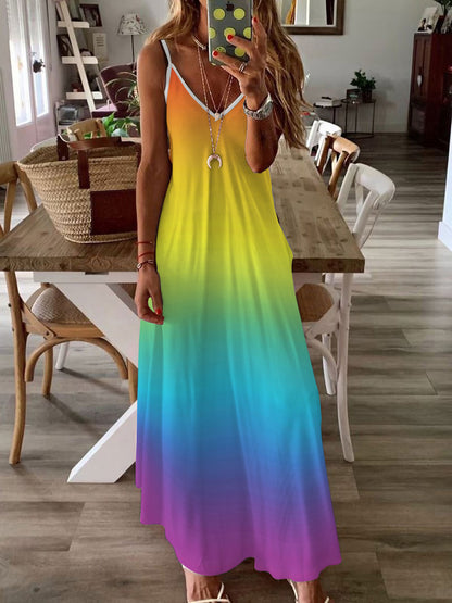 Multicolor Stripe/Gradient Print V-neck Sling Long Dress