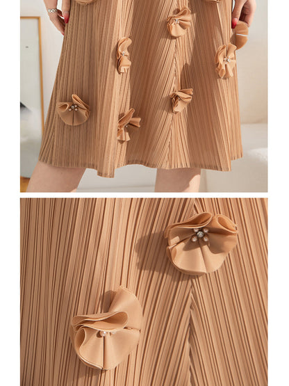 Midi Dresses - Pleated Solid Color V-Neck Nail Flower Loose Mid-length Midi Dress - MsDressly
