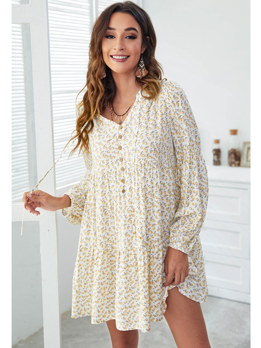 Women's Dresses V-Neck Floral Printed Long Sleeve Button Casual Loose Mini Dress