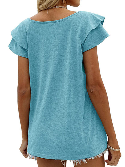 T-Shirts - Solid Color V-Neck Ruffled Sleeves Loose T-Shirt - MsDressly