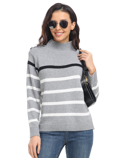 Sweaters - Striped High Neck Pullover Sweater - MsDressly