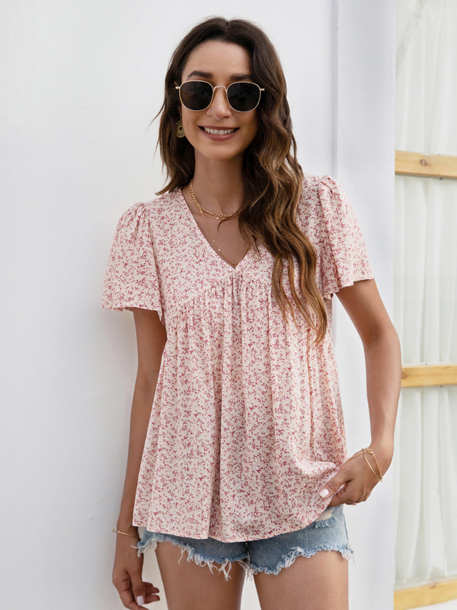 T-Shirts - V-Neck Floral Printed Pattern Short Sleeve Loose Casual T-Shirt - MsDressly