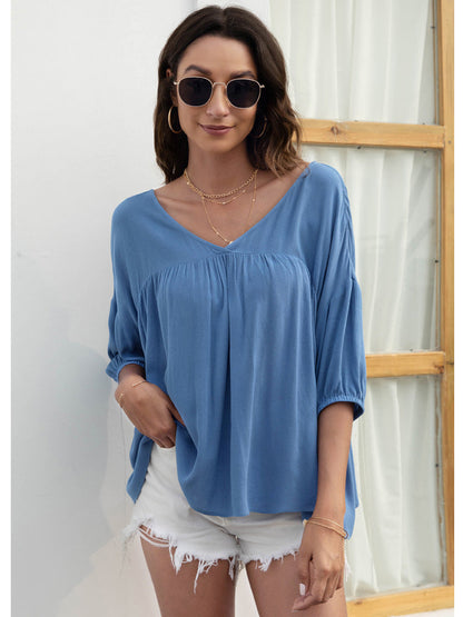 Blouses Women's Blouses V-Neck Loose Casual Pleated Medium And Long Sleeve Blouse MsDressly