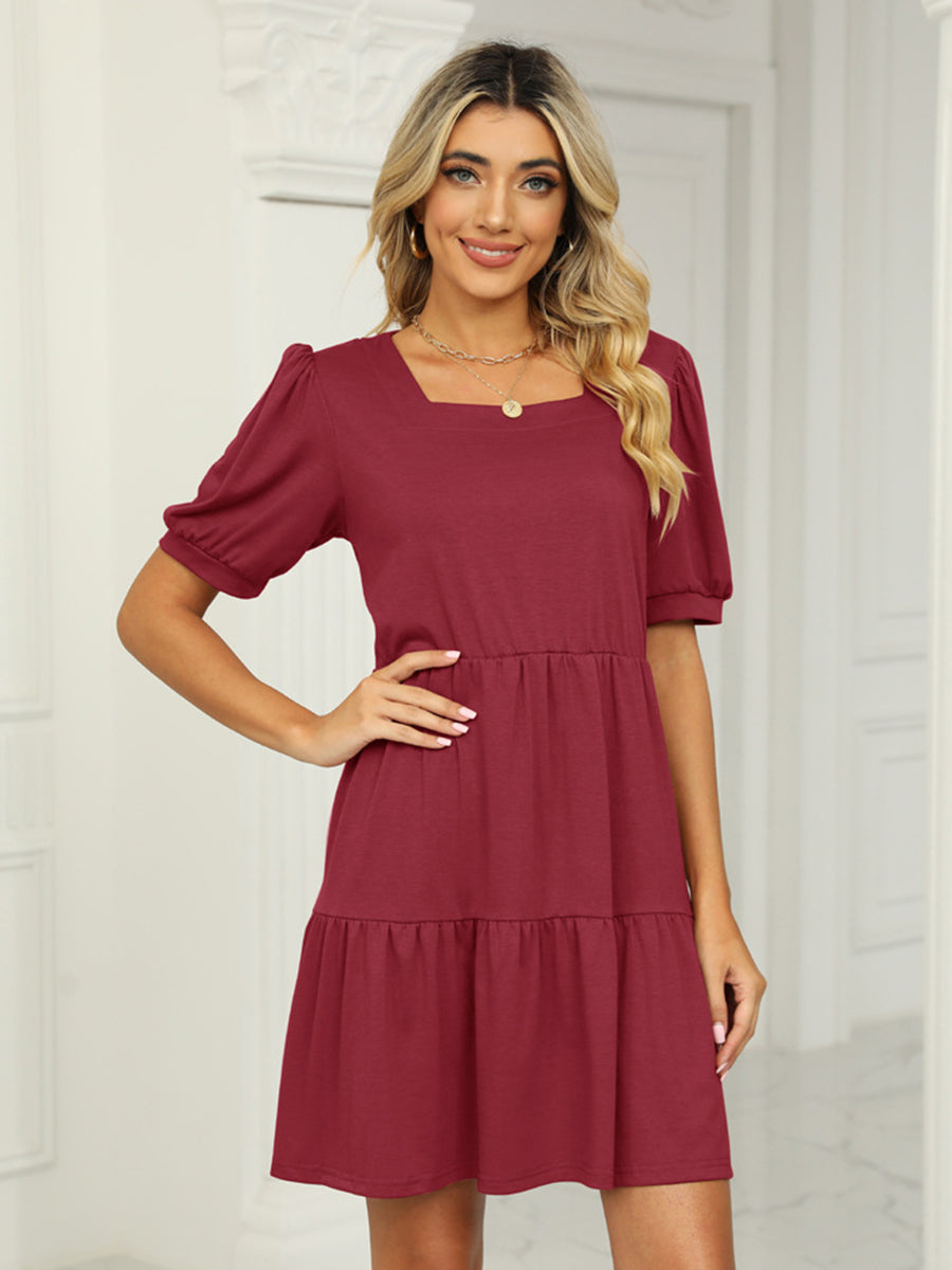 Mini Dresses - Solid Color Square Neck Short Sleeve Loose Stitching Mini Dress - MsDressly
