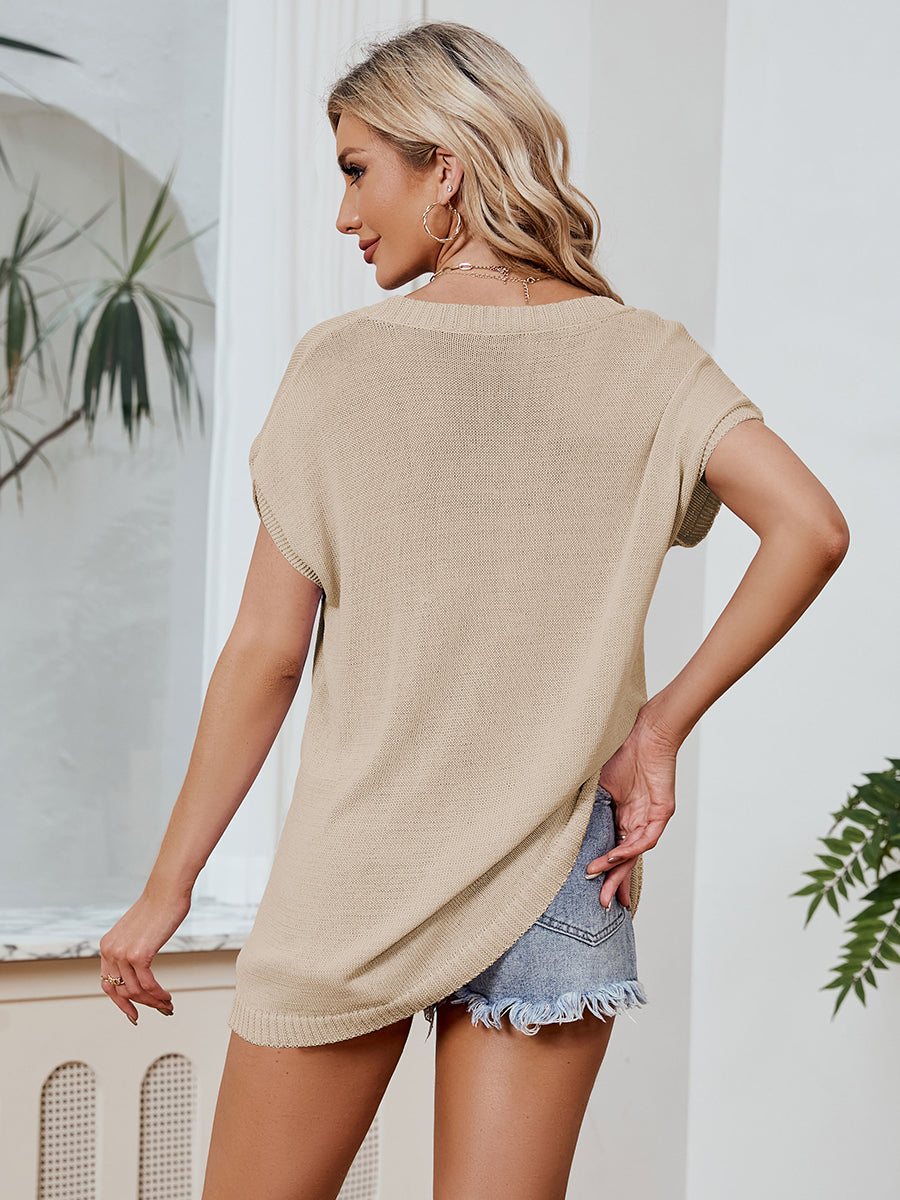 T-Shirts - V-Neck Color Contrast Loose Casual T-Shirt - MsDressly
