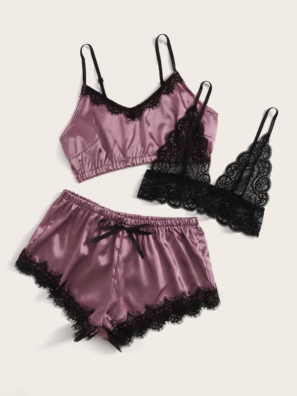 3pack Contrast Lace Satin Lingerie Set - INS | Online Fashion Free Shipping Clothing, Dresses, Tops, Shoes