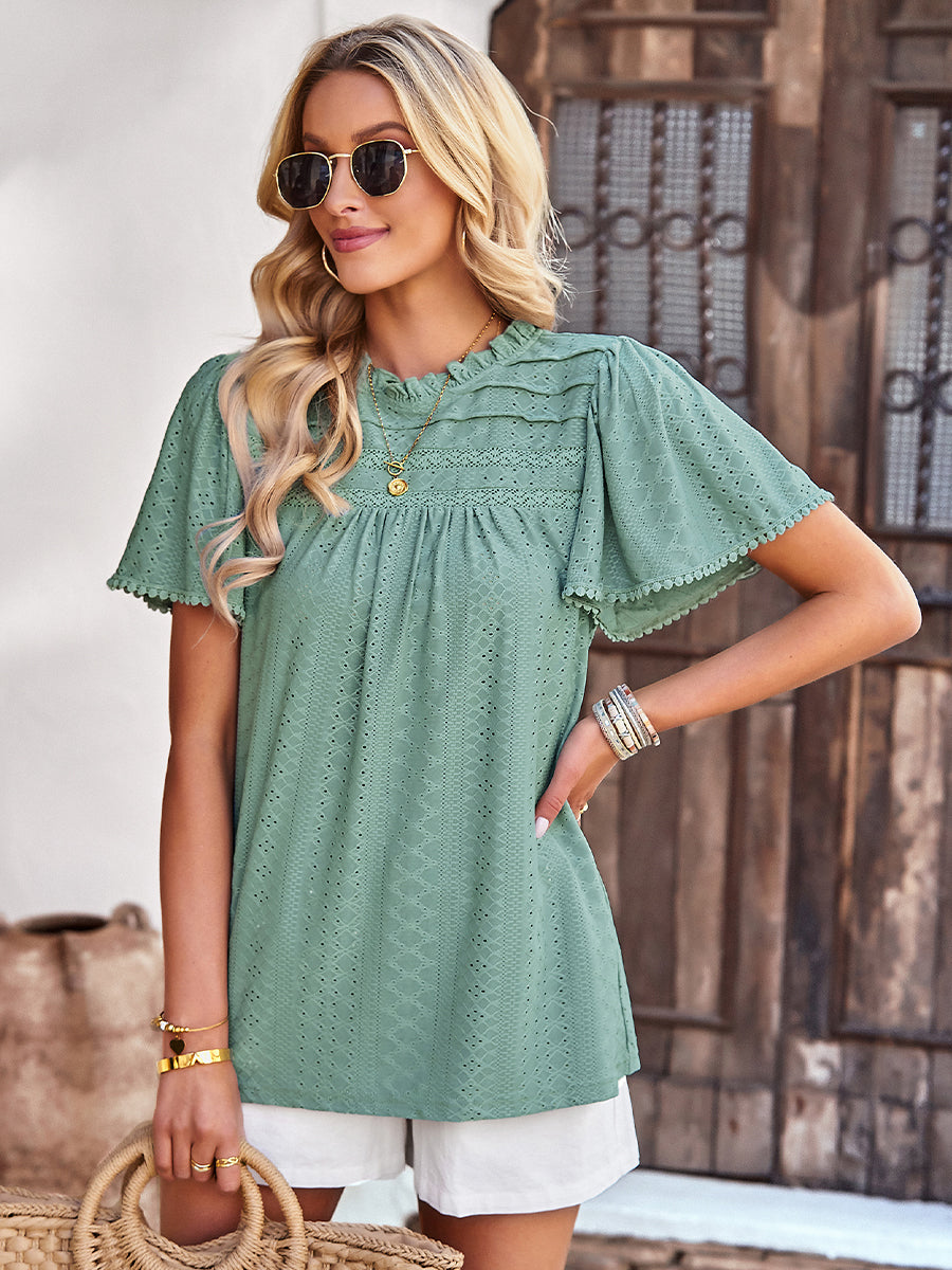 Casual Solid Color Hollow Round Neck T-Shirt