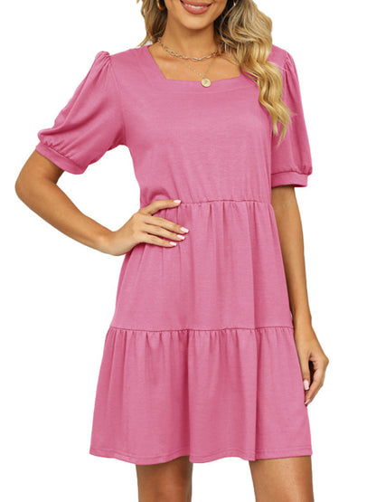 Mini Dresses - Solid Color Square Neck Short Sleeve Loose Stitching Mini Dress - MsDressly