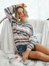 Colorful Striped Pointelle Knit Wave Hem Sweater