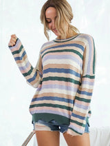 Colorful Striped Pointelle Knit Wave Hem Sweater