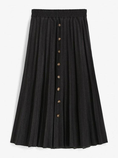 Mock Button High Waisted Pleated Skirt