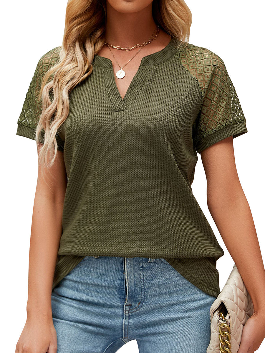 T-Shirts - Solid Color Lace Hollow V-Neck Ruffle Sleeve Casual T-Shirt - MsDressly