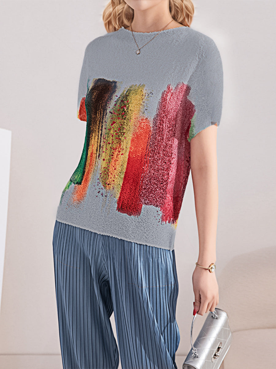 T-Shirts - Embroidered Stretch Print Loose T-Shirt - MsDressly