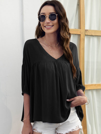 Blouses Women's Blouses V-Neck Loose Casual Pleated Medium And Long Sleeve Blouse MsDressly