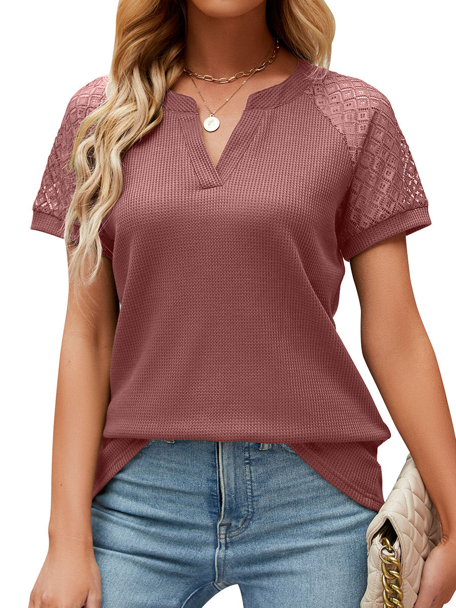 T-Shirts - Solid Color Lace Hollow V-Neck Ruffle Sleeve Casual T-Shirt - MsDressly