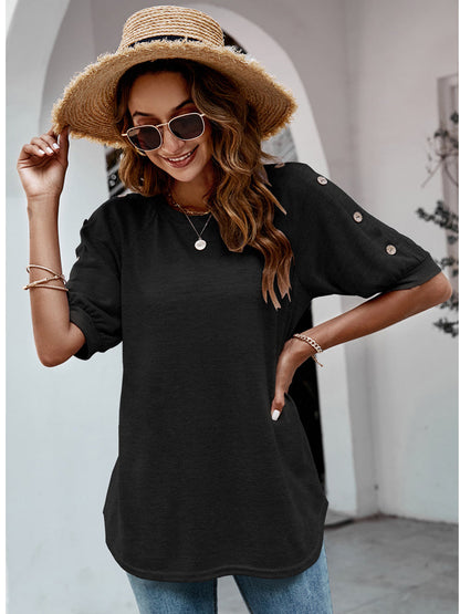 Blouses - Loose Round Neck Button Casual Half-Sleeve T-Shirt - MsDressly
