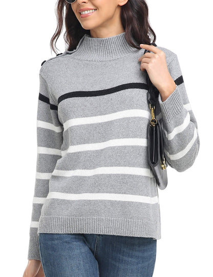 Sweaters - Striped High Neck Pullover Sweater - MsDressly
