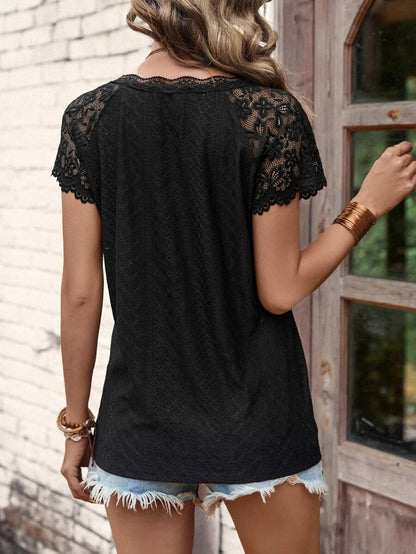 T-Shirts - V-Neck Stitching Lace Loose Short-Sleeved T-Shirt - MsDressly