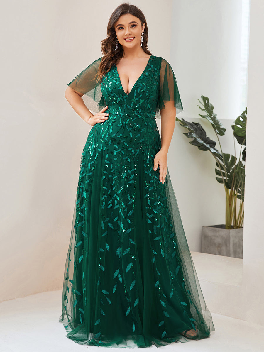 Plus Size Deep V Neck Wholesale Sequin Evening Gown With Short Sleeves