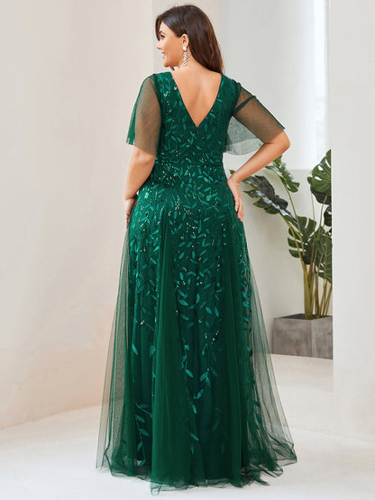 Plus Size Deep V Neck Wholesale Sequin Evening Gown With Short Sleeves