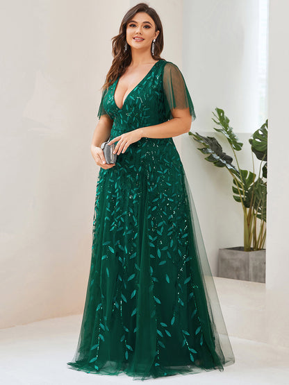 Plus Size Deep V Neck Wholesale Sequin Evening Gown With Short Sleeves