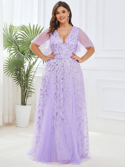 Plus Size Deep V Neck Wholesale Sequin Evening Gown With Short Sleeves