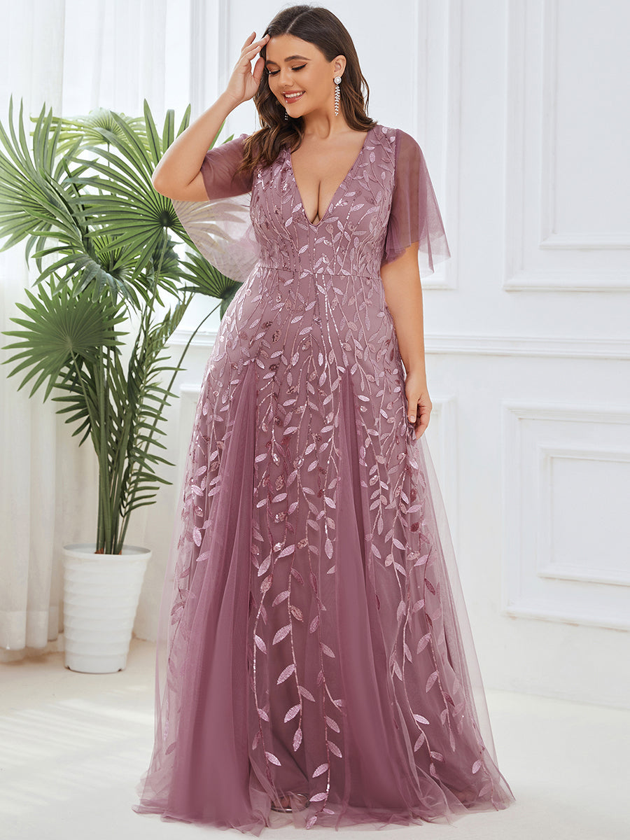 Plus Size Deep V Neck Wholesale Sequin Evening Gown With Short Sleeves