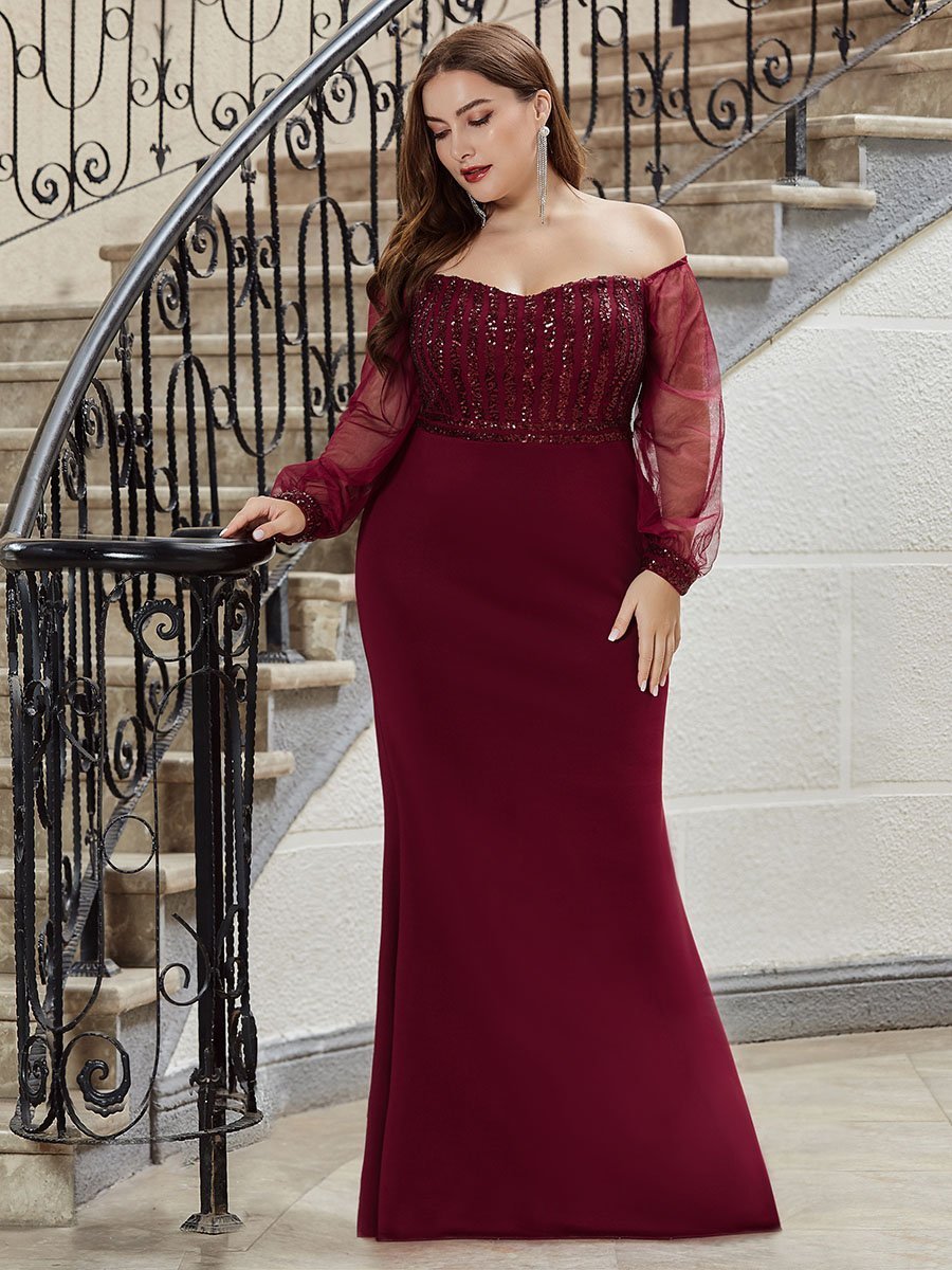 Plus Size Sparkly Sequin Wholesale Evening Party Dresses With Lace Sleeves
