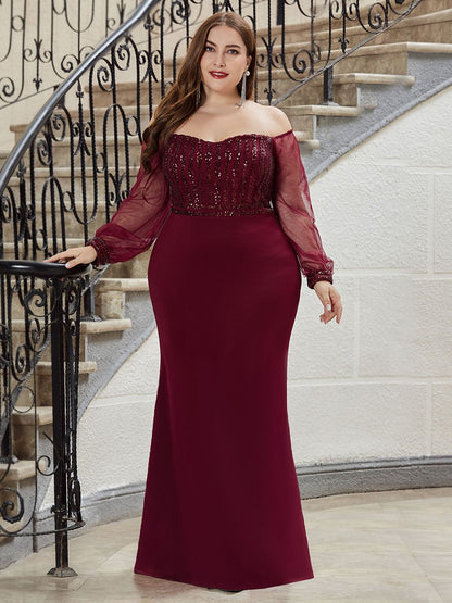 Plus Size Sparkly Sequin Wholesale Evening Party Dresses With Lace Sleeves