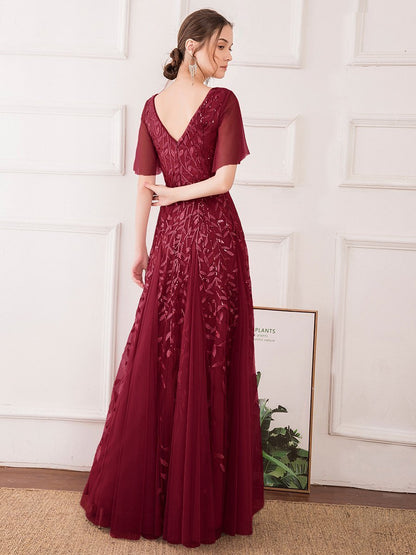 Romantic Shimmery V Neck Ruffle Sleeves Maxi Long Evening Gowns