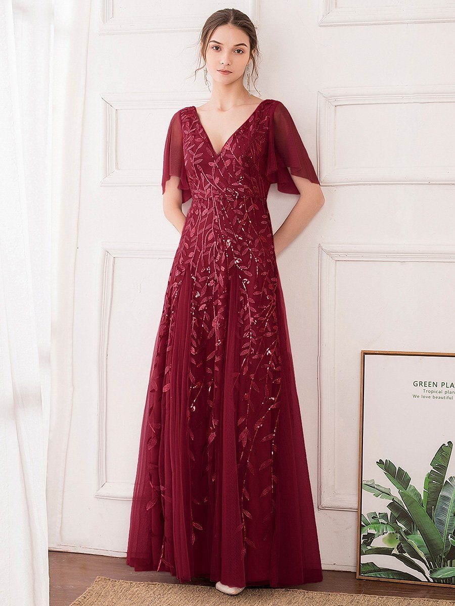 Romantic Shimmery V Neck Ruffle Sleeves Maxi Long Evening Gowns