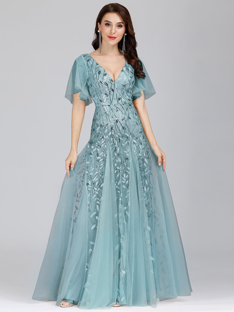 Romantic Shimmery V Neck Ruffle Sleeves Maxi Long Evening Gowns