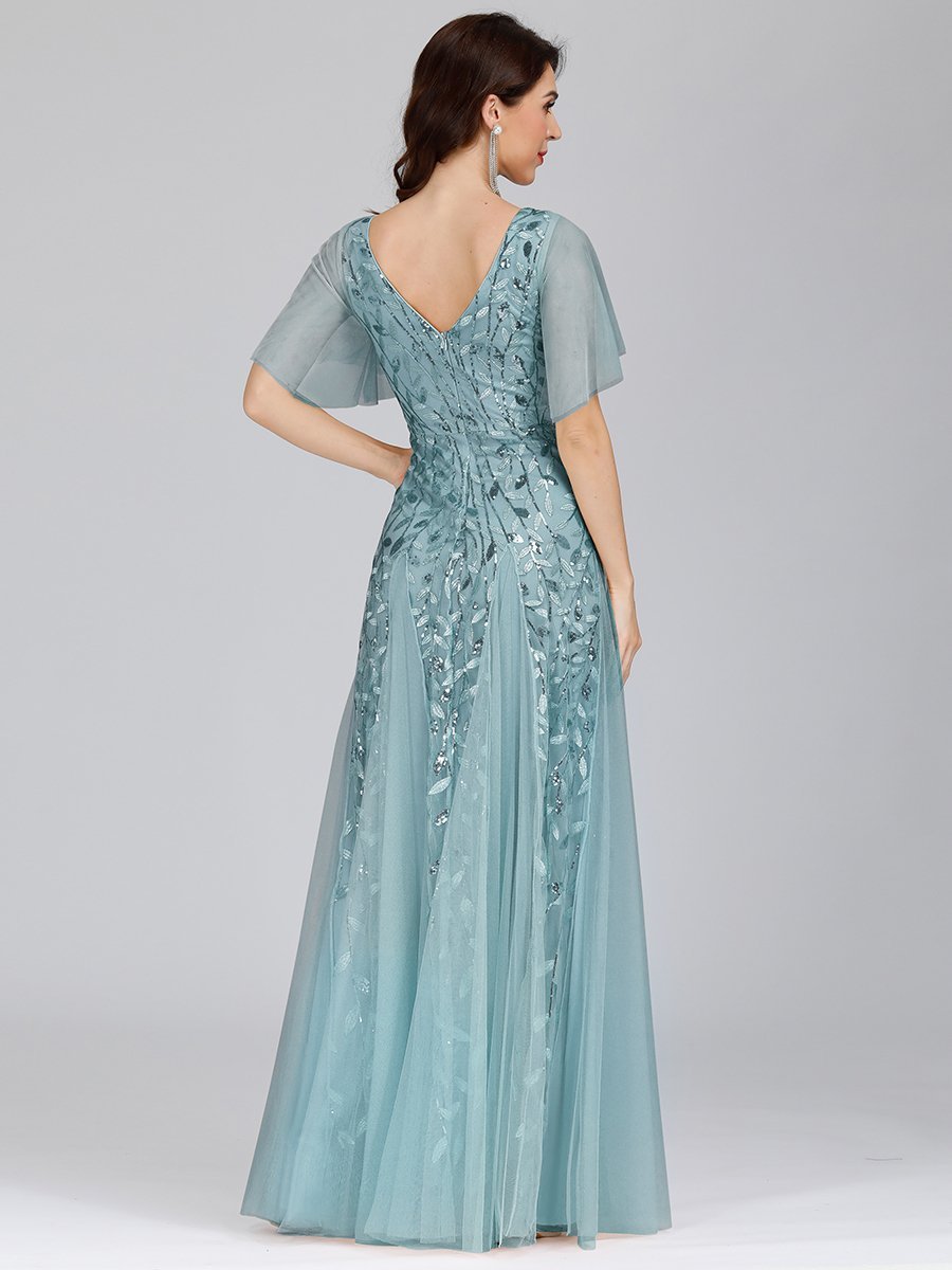 Romantic Shimmery V Neck Ruffle Sleeves Maxi Long Evening Gowns