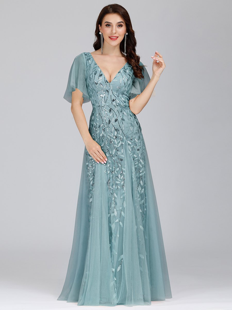 Romantic Shimmery V Neck Ruffle Sleeves Maxi Long Evening Gowns