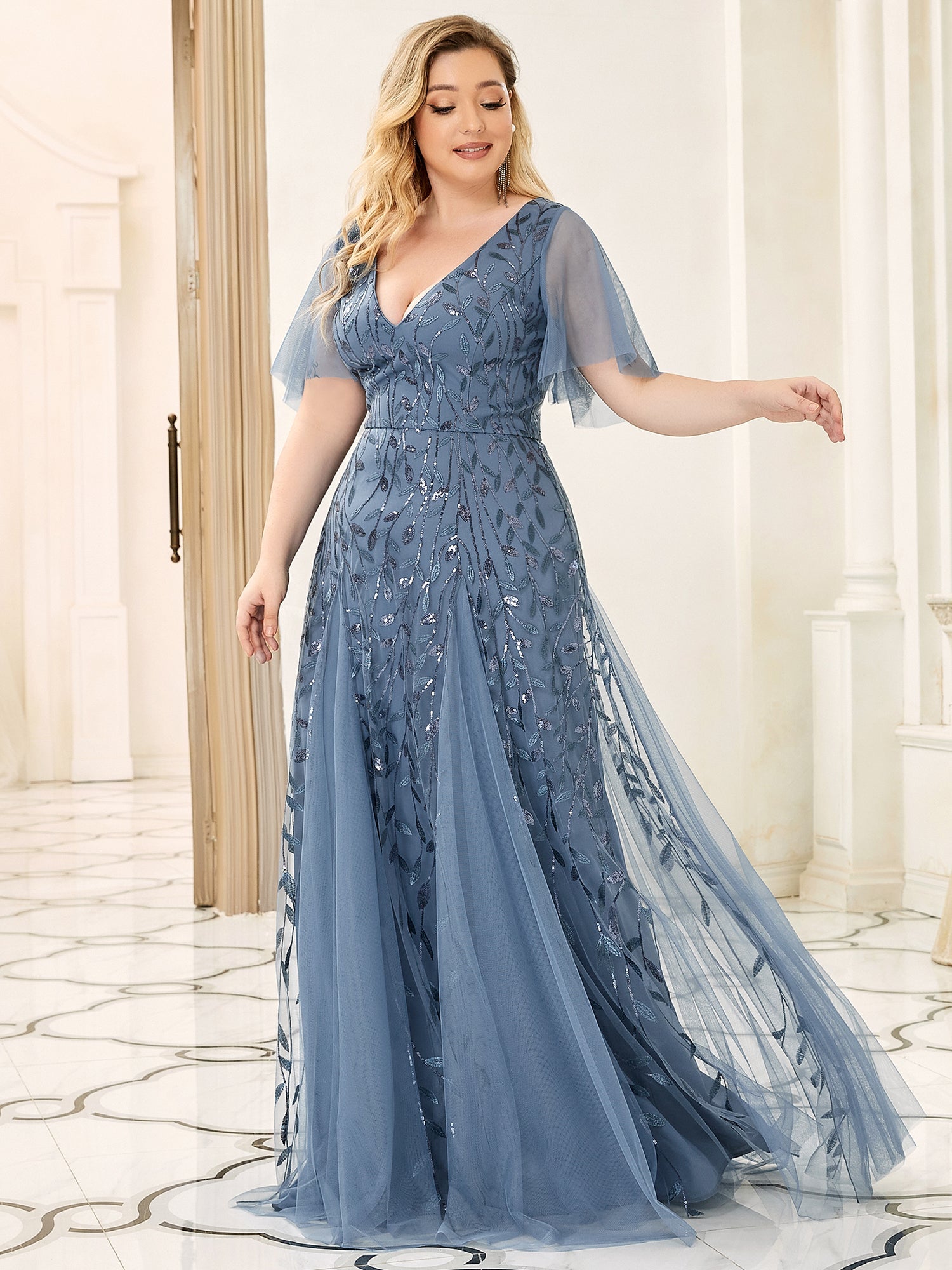 Plus Size Deep V Neck Wholesale Sequin Evening Gown With Short Sleeves