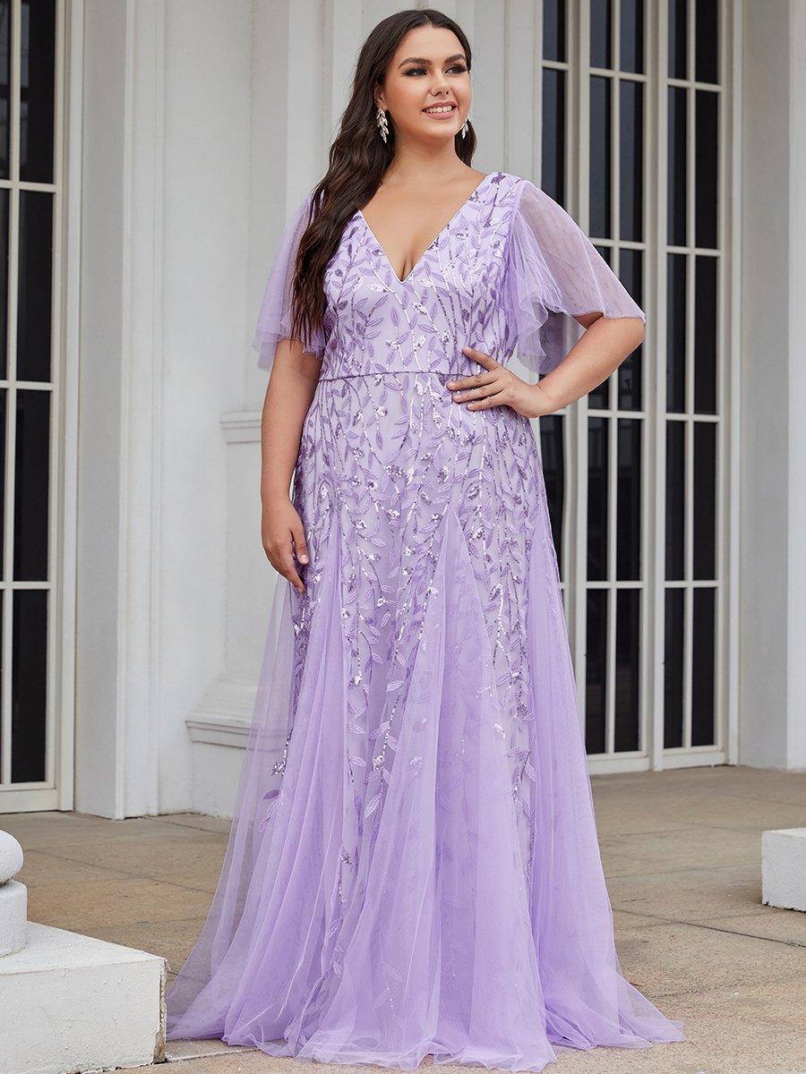 Plus Size Deep V Neck Wholesale Sequin Evening Gown With Short Sleeves