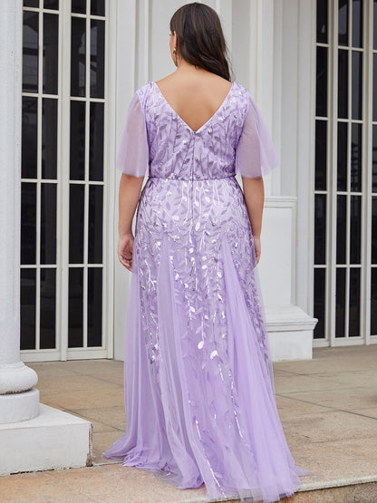 Plus Size Deep V Neck Wholesale Sequin Evening Gown With Short Sleeves