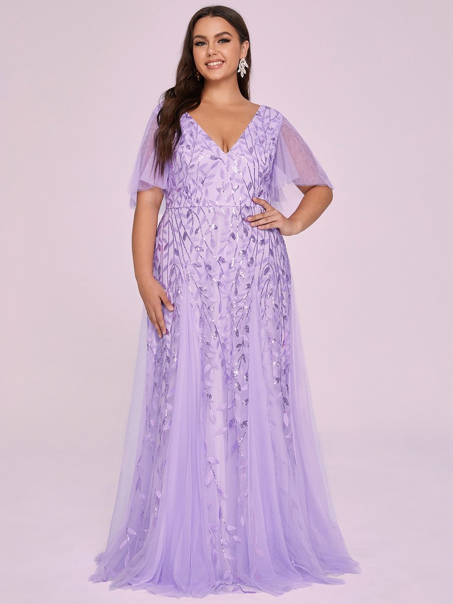 Plus Size Deep V Neck Wholesale Sequin Evening Gown With Short Sleeves