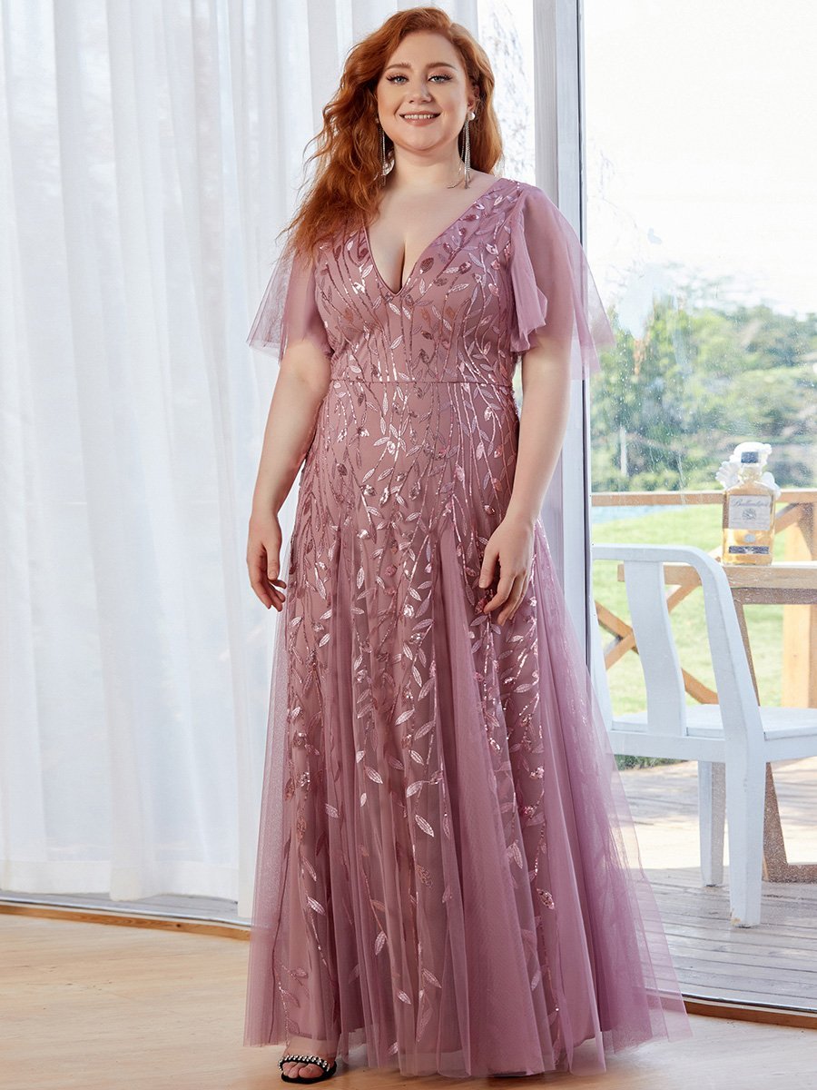 Plus Size Deep V Neck Wholesale Sequin Evening Gown With Short Sleeves