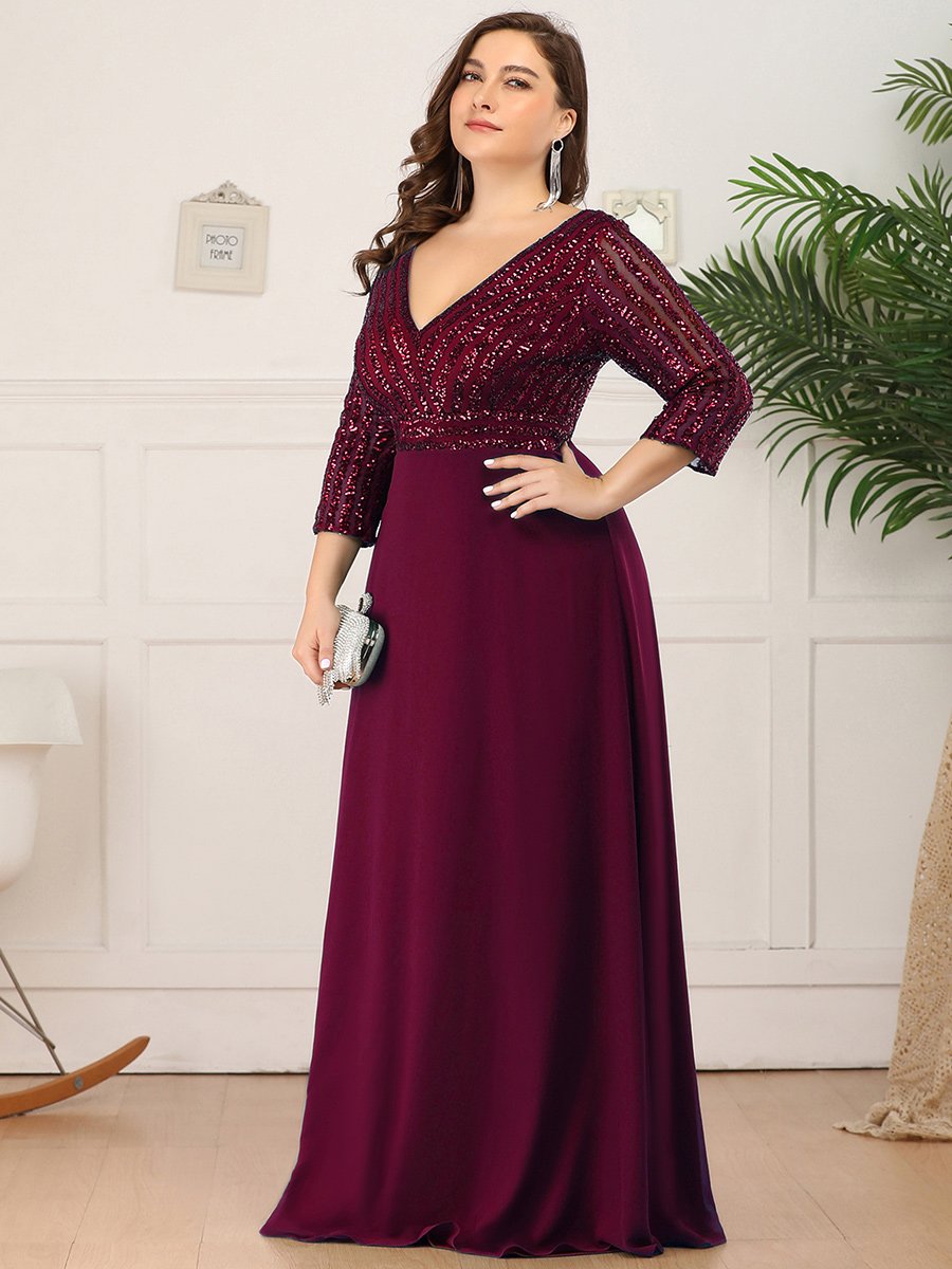 Sexy V Neck A-Line Plus Size Sequin Wholesale Evening Dress with Sleeve