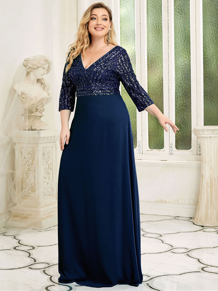 Sexy V Neck A-Line Plus Size Sequin Wholesale Evening Dress with Sleeve