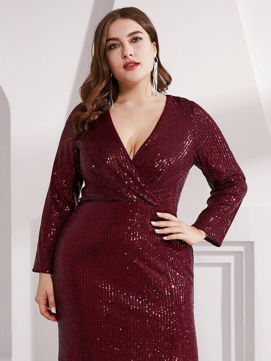 Shiny V Neck Plus Size Sequin Wholesale Evening Party Dress
