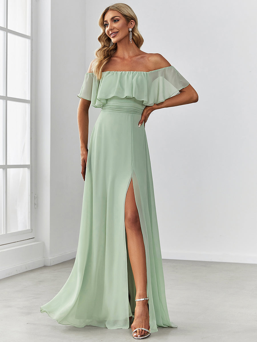 Off Shoulder Ruffle Thigh Split Wholesale Bridesmaid Dresses For Women