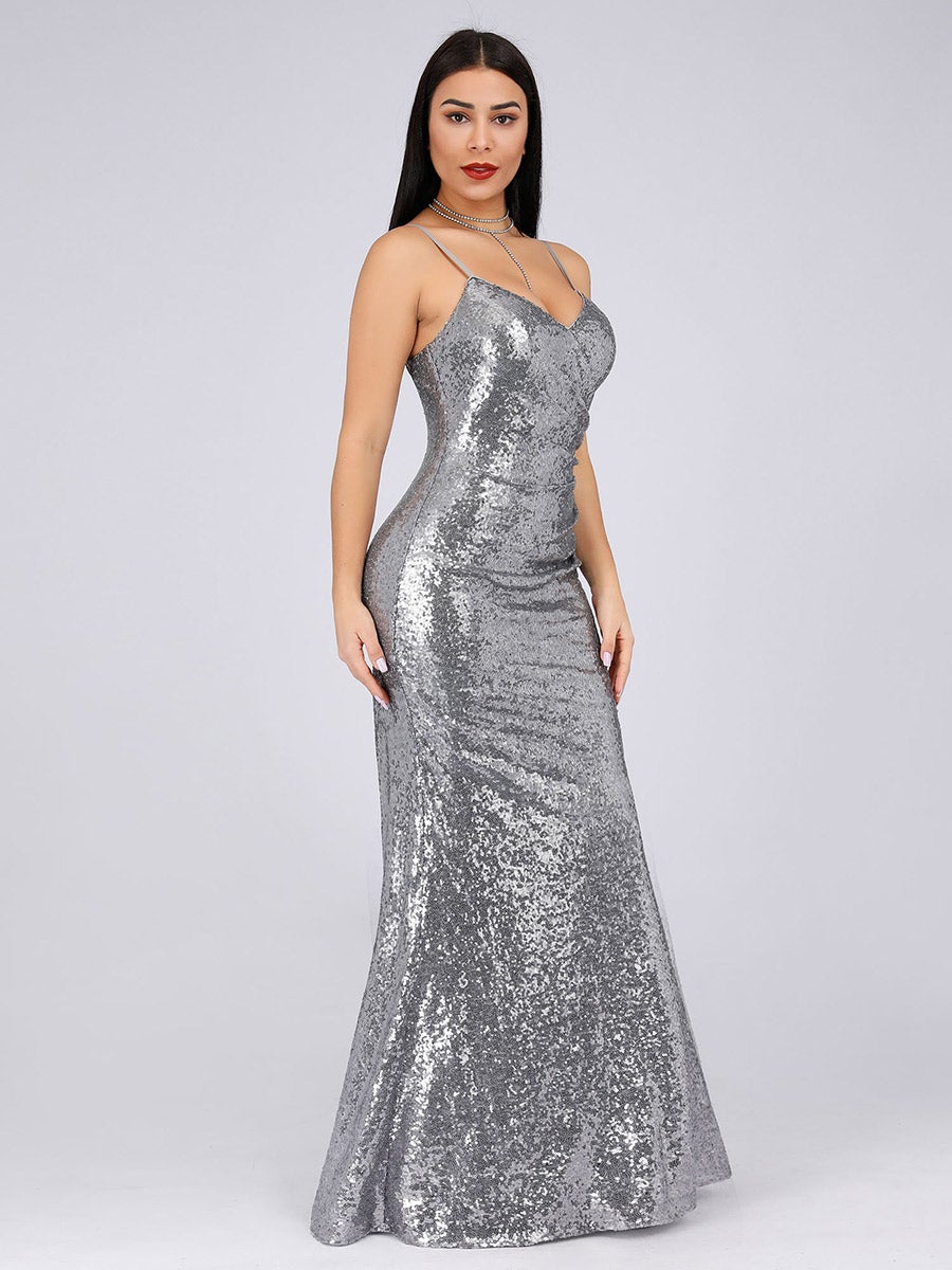 Sexy Spaghetti Straps Fishtail Sequin Wholesale Evening Gowns